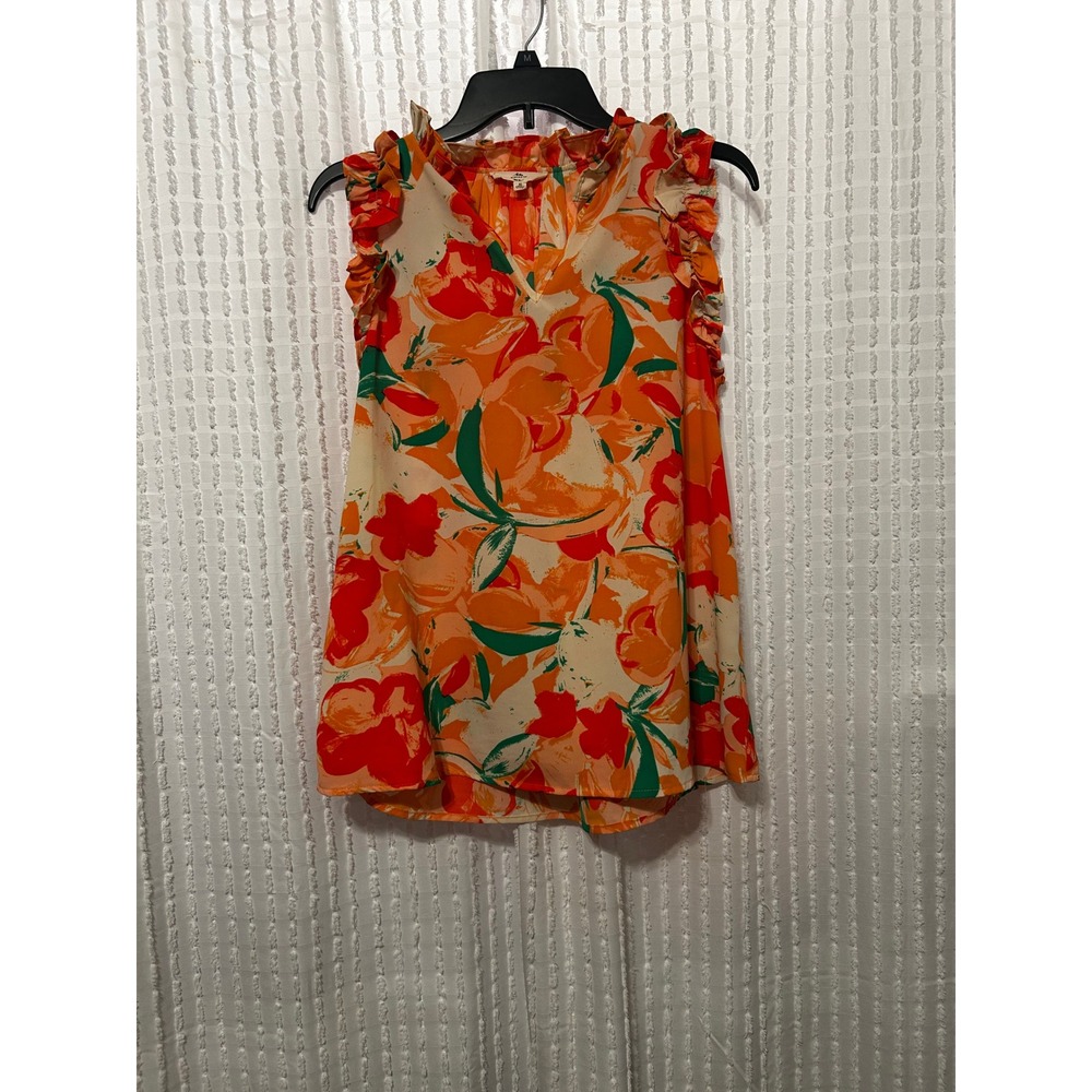 Entro Ruffle Blouse Womens Medium Orange Excellent Floral V-Neck Sleeveless Top